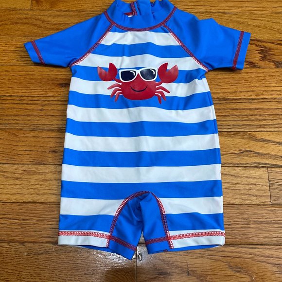 Little Me ❤️ Blue & White Short Sleeve Back Zipper Romper Size 12 (PRE-LOVED) - Picture 1 of 6